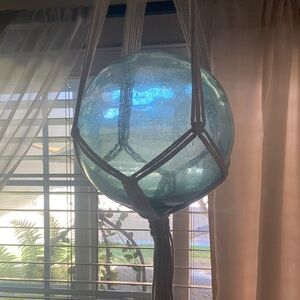 JAPANESE HAND BLOWN GLASS 10” FISHING BALL BUOY FLOAT IN MACRAME HANGER